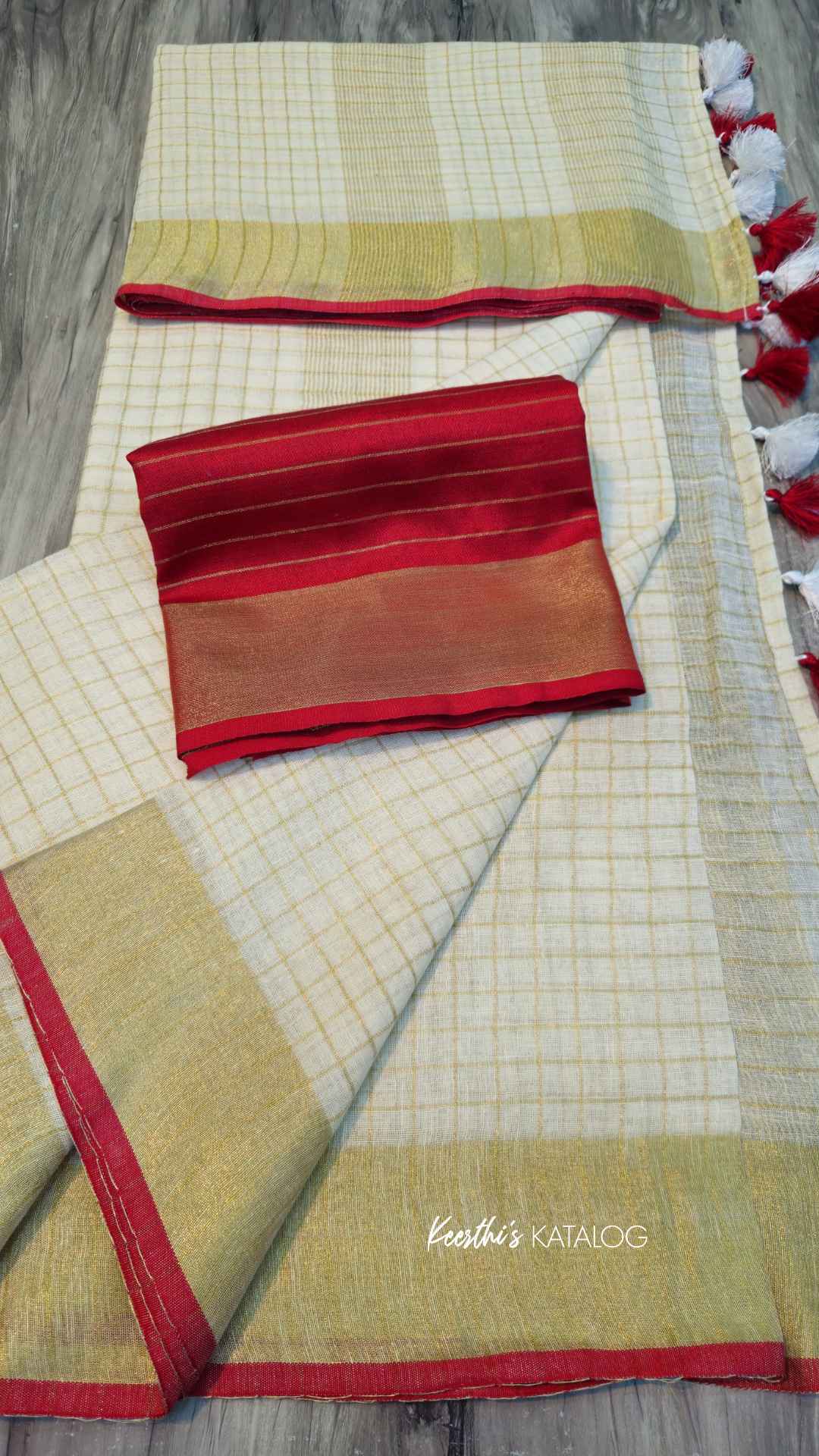 KS1000 - Kerala Red Pearl Linen Handloom Saree