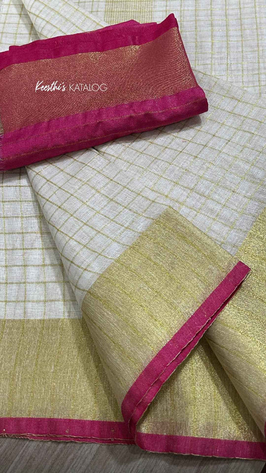 KS1003 - Kerala Pink Pearl Linen Handloom Saree