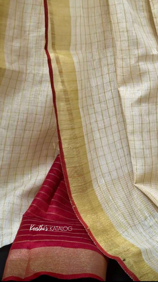 KS1007 - Kerala Maroon Linen Handloom Saree