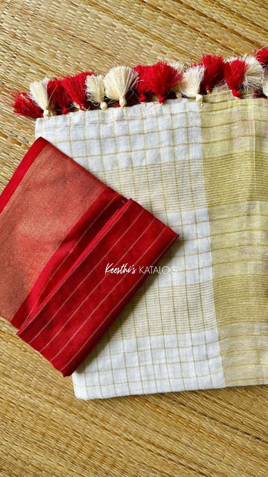 KS1000 - Kerala Red Pearl Linen Handloom Saree