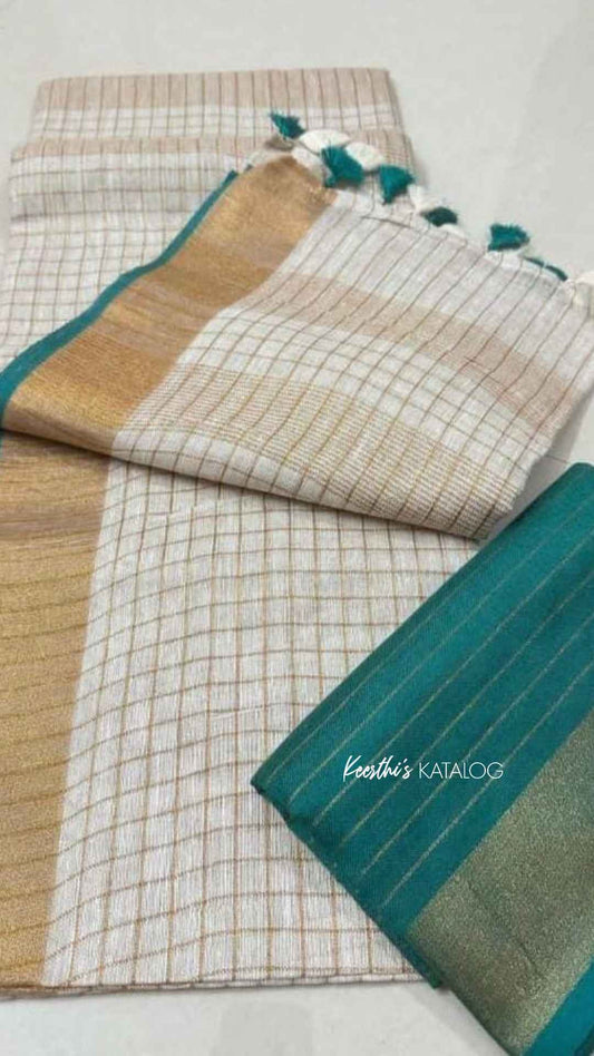 KS1001 - Kerala Teal Linen Handloom Saree