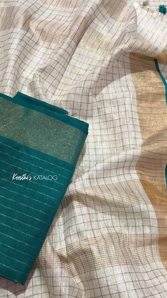 KS1001 - Kerala Teal Linen Handloom Saree