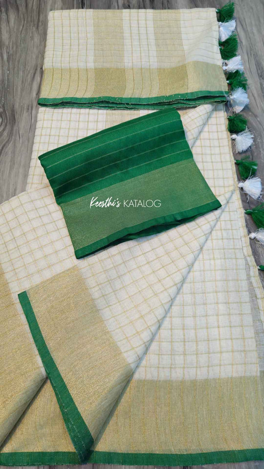 KS1004 - Kerala Green Pearl Linen Handloom Saree