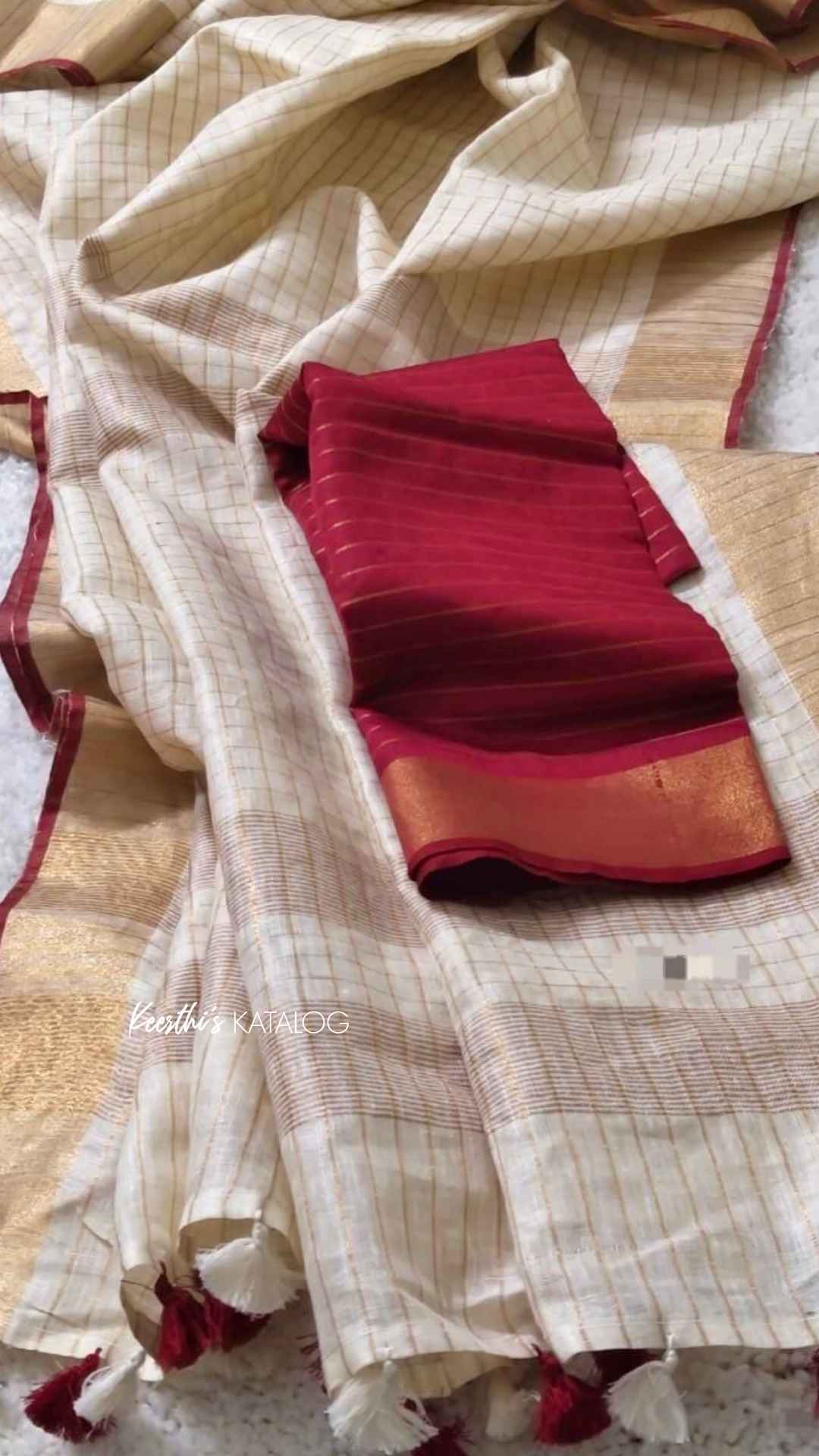 KS1007 - Kerala Maroon Linen Handloom Saree